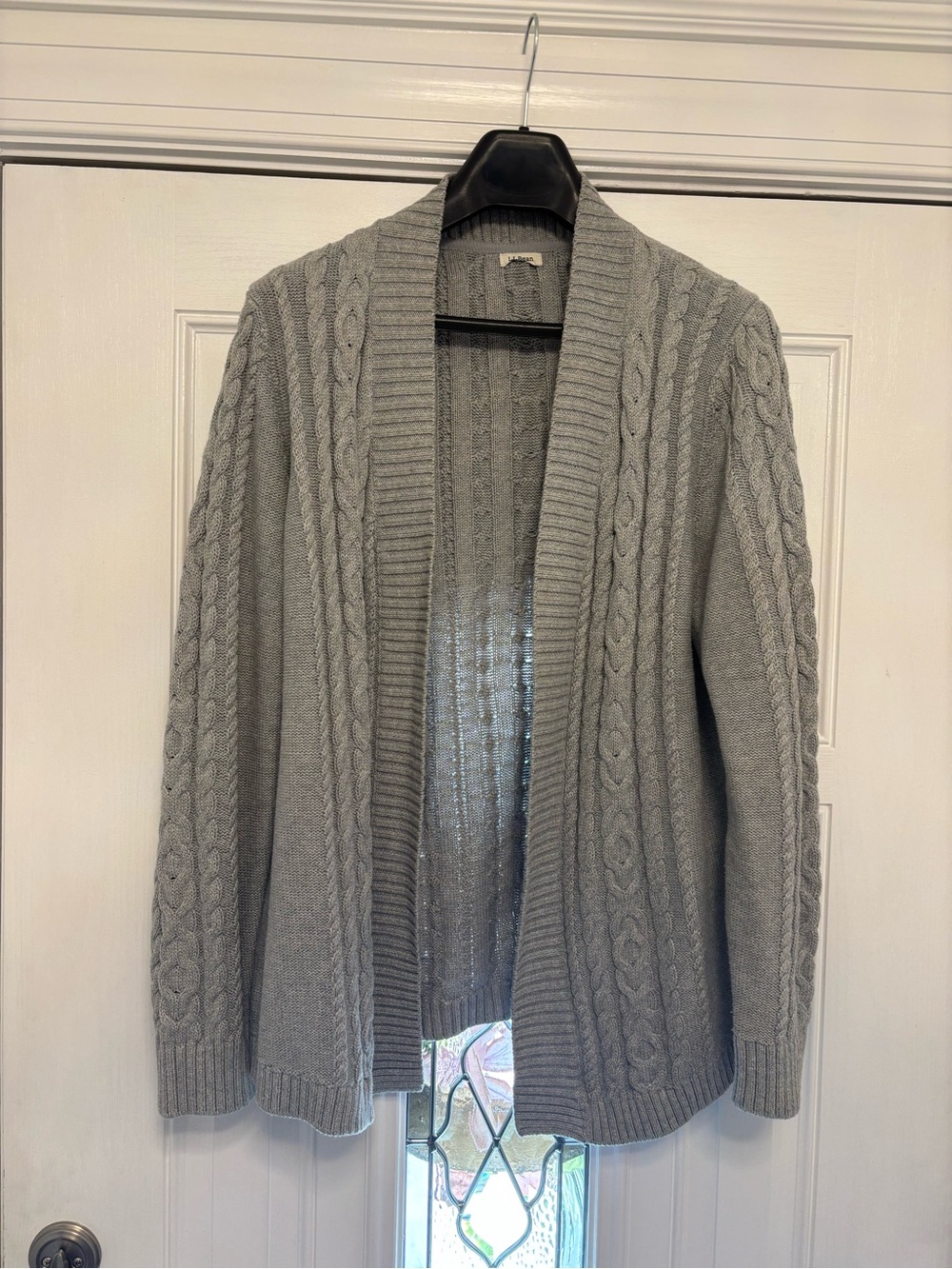 L.L. Bean Light Gray Cable-Knit Open Cardigan
